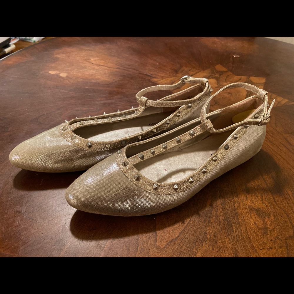 Champagne Studded  T-strap Flats Size 11